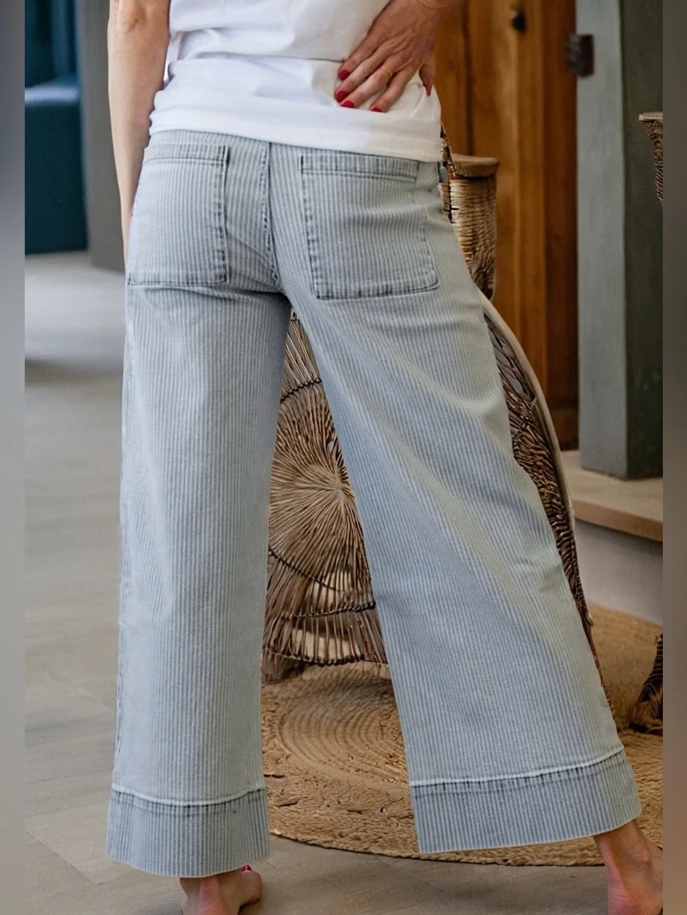 🩵Hello Gorgeous! Cute Striped Wide-Leg Cropped Jeans Light Blue